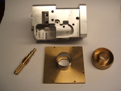 CNC Machined aluminium block, spigoted brass plate and threaded parts